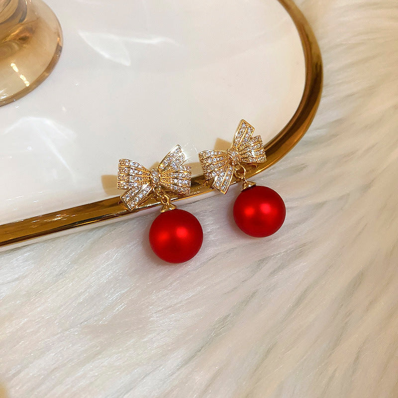 Korean Red Pearl Bowknot Beautiful Drop Earring