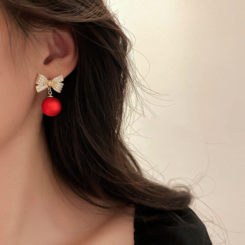 Korean Red Pearl Bowknot Beautiful Drop Earring