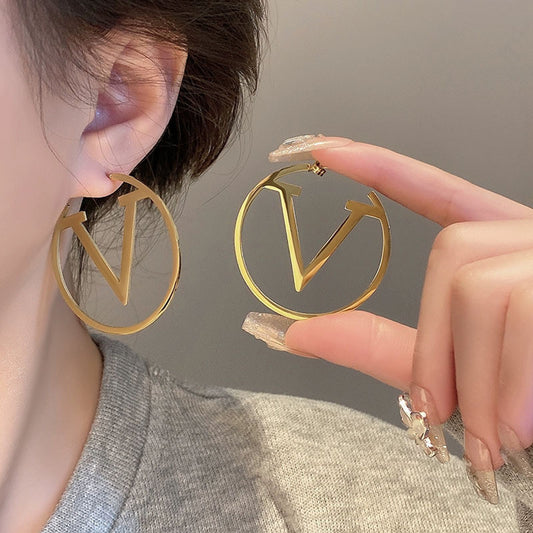 korean V Letter Hoop Earrings for Women Earrings Stainless Steel antii Tarnish