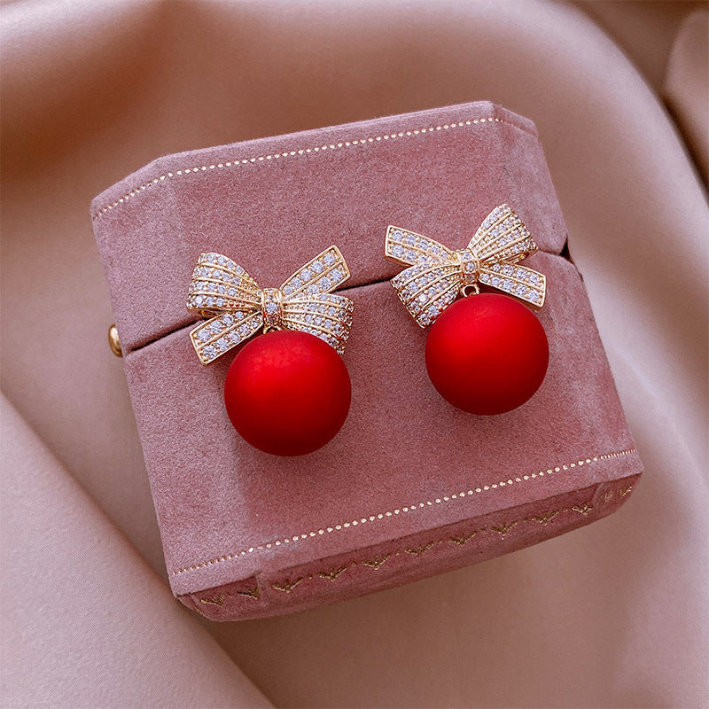 Korean Red Pearl Bowknot Beautiful Drop Earring