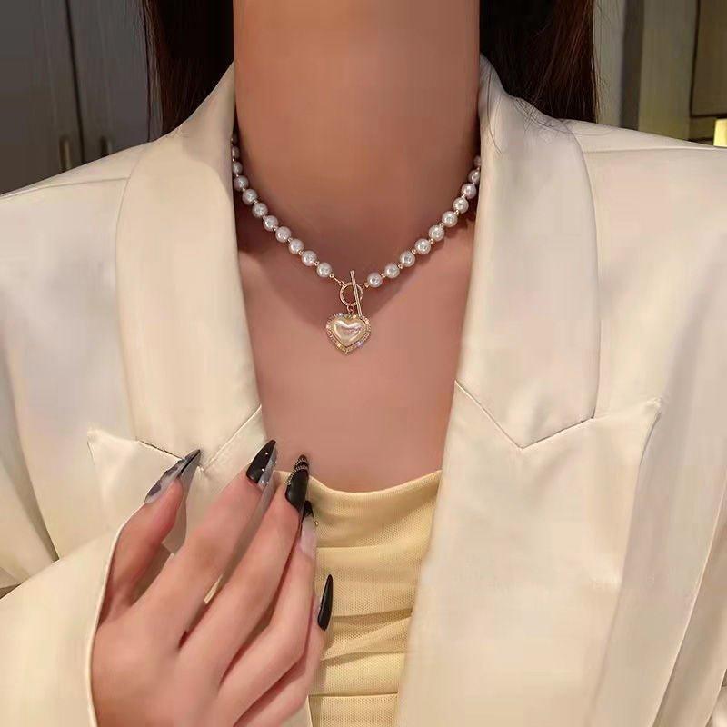 Korean Luxury Beautiful Style Gold Pearl Zirconia Stone Heart Pendant Necklace - Shine