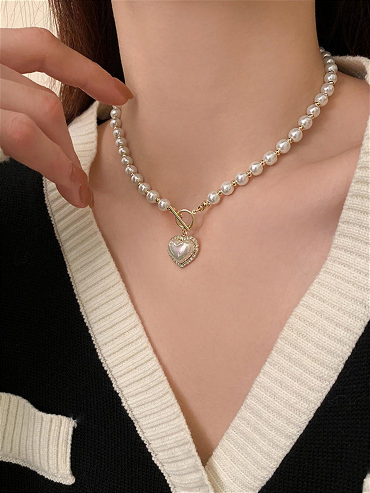 Korean Luxury Beautiful Style Gold Pearl Zirconia Stone Heart Pendant Necklace - Shine