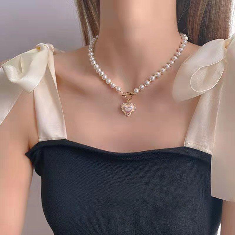 Korean Luxury Beautiful Style Gold Pearl Zirconia Stone Heart Pendant Necklace - Shine