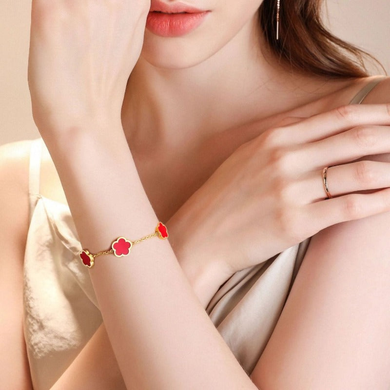 Luxurious Five-Red leaf Clover Bracelet Charm, Delicate Flower Bracelet