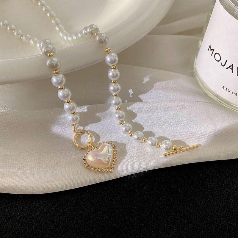 Korean Luxury Beautiful Style Gold Pearl Zirconia Stone Heart Pendant Necklace - Shine