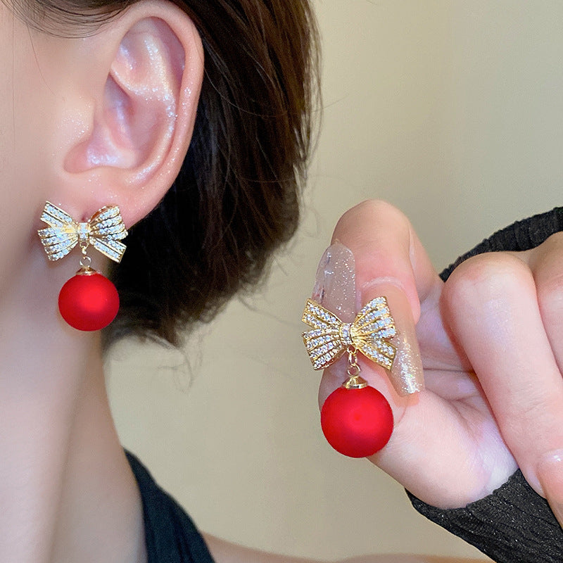 Korean Red Pearl Bowknot Beautiful Drop Earring