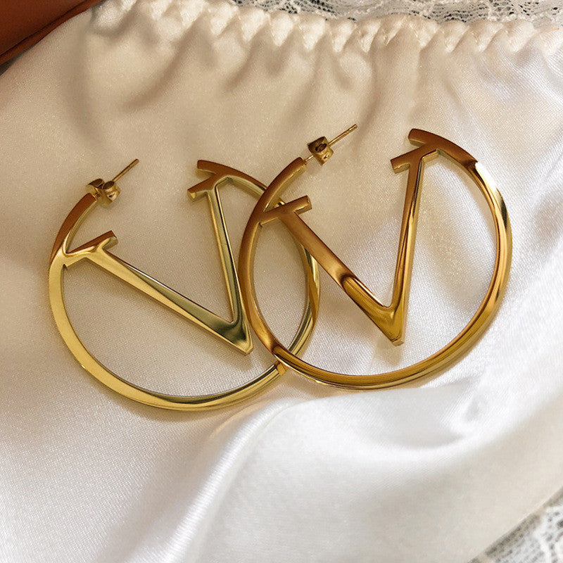korean V Letter Hoop Earrings for Women Earrings Stainless Steel antii Tarnish
