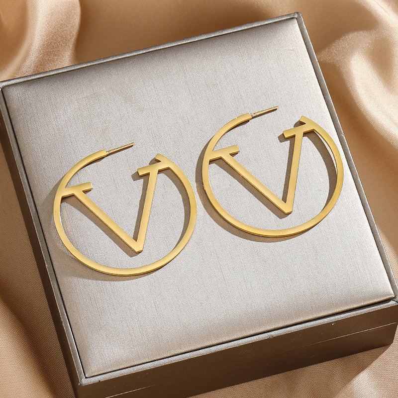 korean V Letter Hoop Earrings for Women Earrings Stainless Steel antii Tarnish