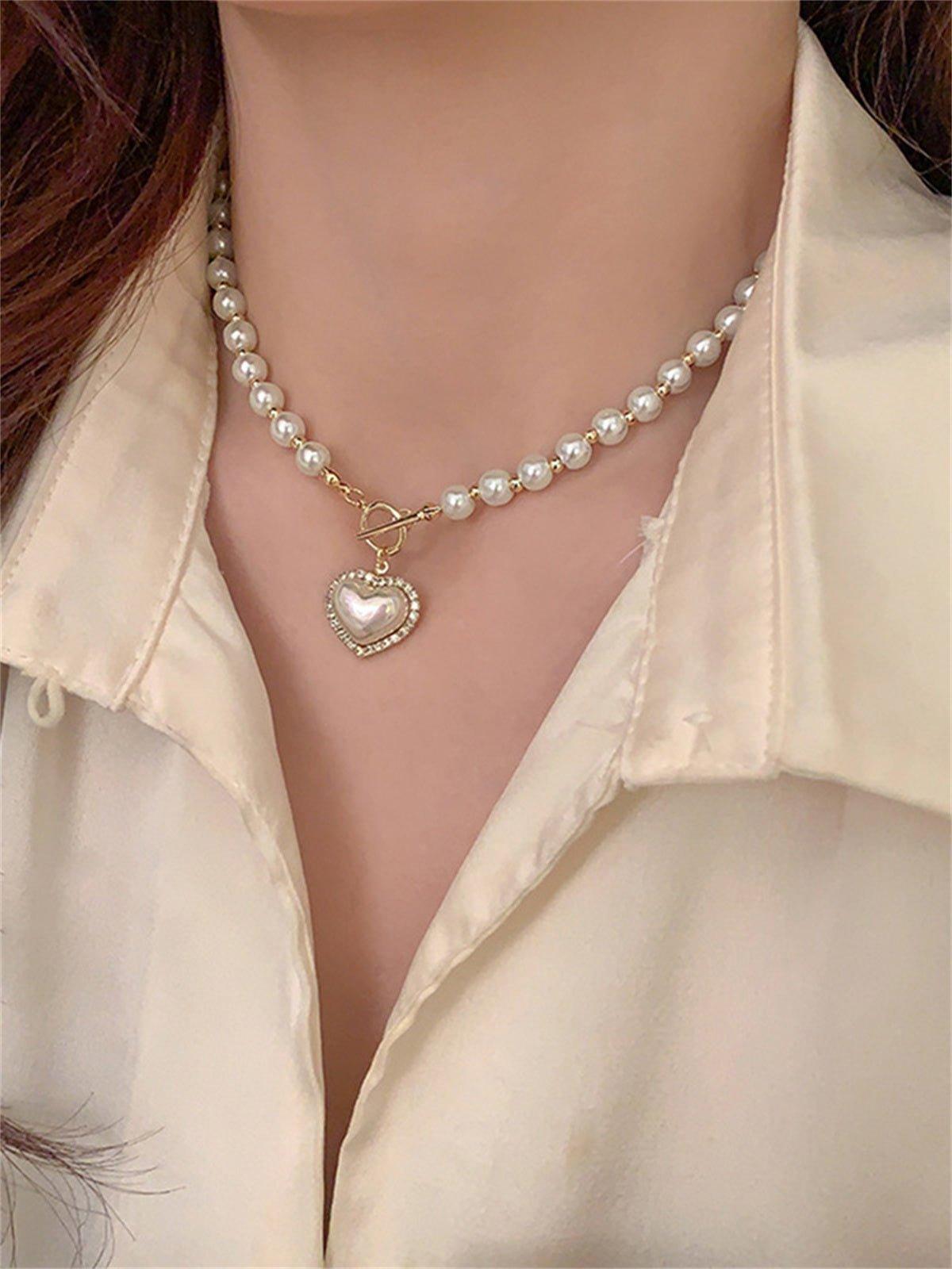 Korean Luxury Beautiful Style Gold Pearl Zirconia Stone Heart Pendant Necklace - Shine