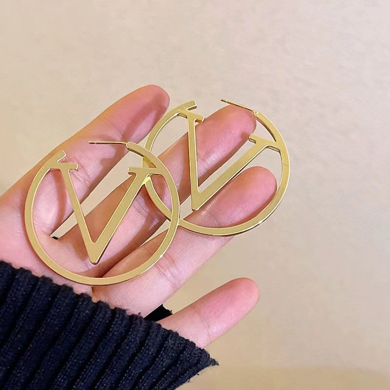 korean V Letter Hoop Earrings for Women Earrings Stainless Steel antii Tarnish