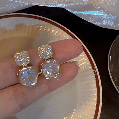Korean Luxury Classic Geometric White Crystal Zircon Square Earrings Gold - Shine