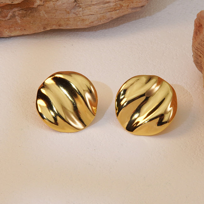 Anti-Tarnish Stainless Steel Wave Pattern Round Shape 18K Gold Plated Stud Earring