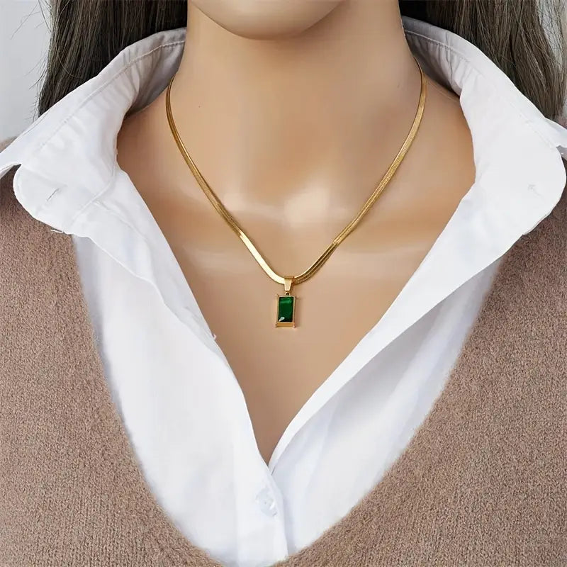 Luxurious Stainless Steel Square Green Artificial Crystal Zircon Necklace For Women