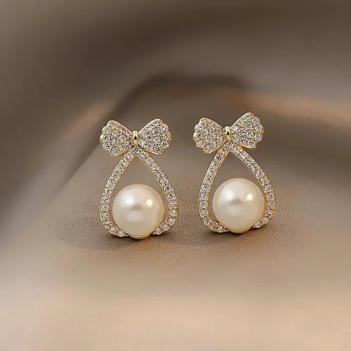 Korean beautiful pearl bowknot drop Earring