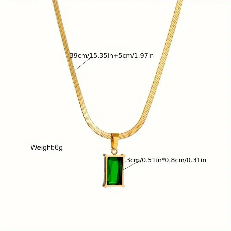Luxurious Stainless Steel Square Green Artificial Crystal Zircon Necklace For Women