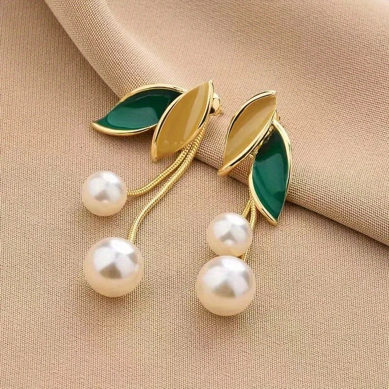 Korean Elegant Tassel Earrings with Pearl and Green Leaf Accents3
