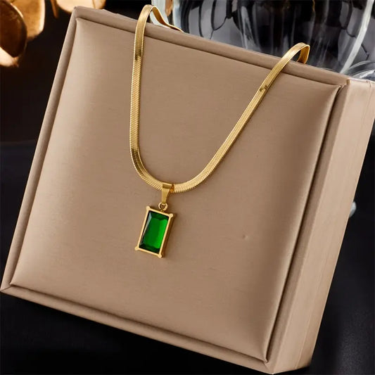 Luxurious Stainless Steel Square Green Artificial Crystal Zircon Necklace For Women