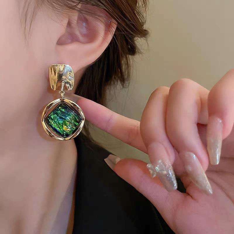 Korean Luxury Big Geometric Earrings for Women Gold Color Resin Stone Earring