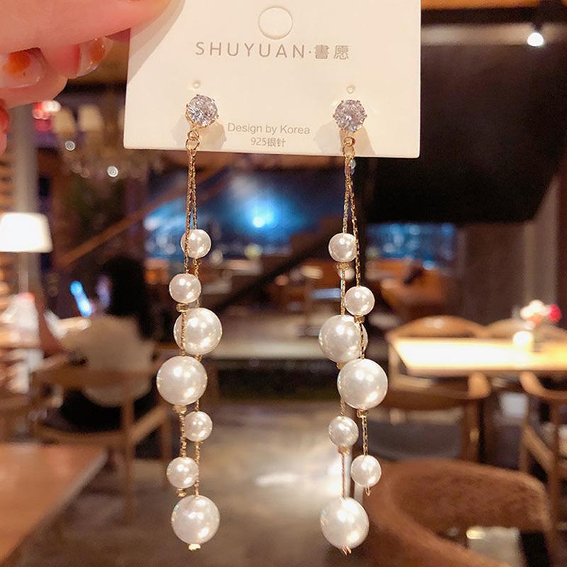 Korean Jewelry Elegant Simulated Pearls Long Dangle Earring3