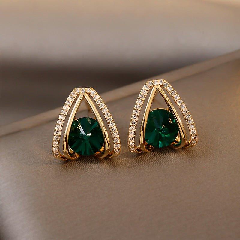 Korean Luxurious Green Stone Drop Gold Earring - Shine