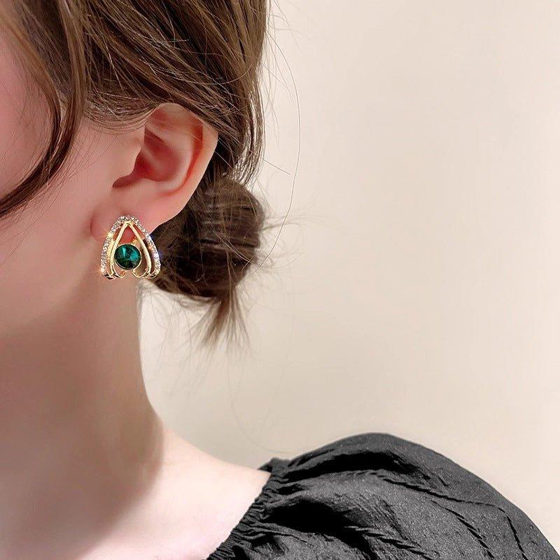 Korean Luxurious Green Stone Drop Gold Earring - Shine