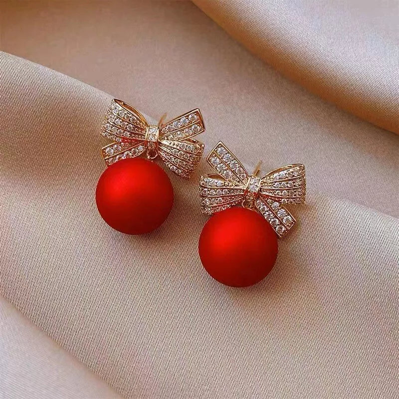 Korean Red Pearl Bowknot Beautiful Drop Earring